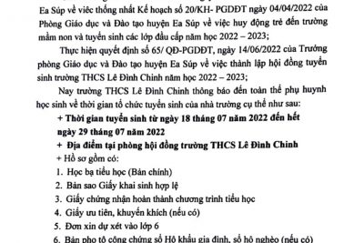 THÔNG BÁO TUYỂN SINH VÀO LỚP 6 NĂM HỌC 2022-2023